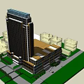 Modern High Rise Office Building With Surrounding Structures Green Lawn And Roads