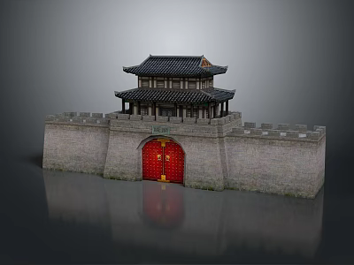 Cartoon Scene of Traditional Chinese Gate Tower With Two Story Red Gate and City Wall 3d model