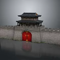 Cartoon Scene of Traditional Chinese Gate Tower With Two Story Red Gate and City Wall