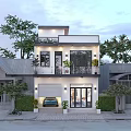 Modern Detached House With White Exterior Balcony And Garage Surrounded By Greenery And Trees