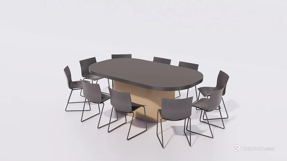 Oval Conference Table With Black Tabletop Light Base And Gray Metal Leg Chairs 3d model 
