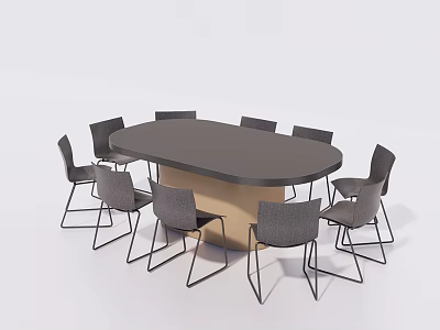 Oval Conference Table With Black Tabletop Light Base And Gray Metal Leg Chairs 3d model