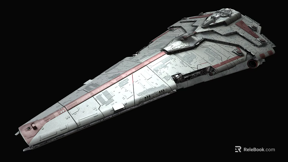 Futuristic Large Sci-Fi Spaceship With Sharp Bow Red Stripes And Detailed Surface 3d model