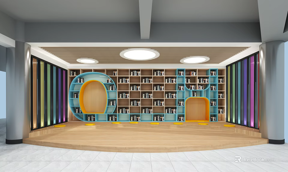 Book Art Themed Reading Space With Blue Bookshelves Circular Arched Entrances And Colorful Striped Decor 3d model 