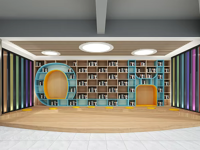 Book Art Themed Reading Space With Blue Bookshelves Circular Arched Entrances And Colorful Striped Decor 3d model