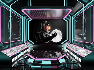 Futuristic Space Interior With Astronaut Moon And Neon Control Panels 3d model