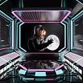 Futuristic Space Interior With Astronaut Moon And Neon Control Panels