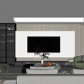 Modern Living Room Interior With Beige Sofa Green Accent Chair Coffee Table Plants And TV Wall