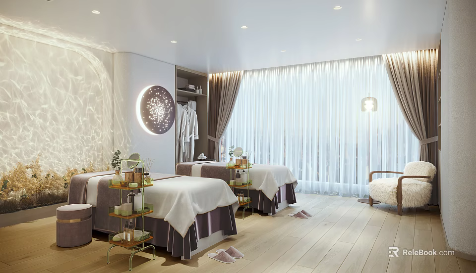 Luxury SPA Sauna Room Interior With Massage Beds Circular Decor Soft Lighting And Wooden Floors 3d model 