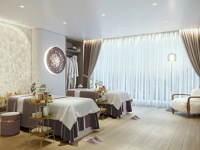 Luxury SPA Sauna Room Interior With Massage Beds Circular Decor Soft Lighting And Wooden Floors 3d model