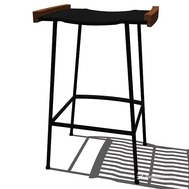 Modern Bar Stool With Black Metal Legs And Wooden Seat Design 3d model 
