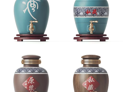 Traditional Ceramic Wine Jars With Decorative Patterns Golden Faucet And Wooden Base 3d model
