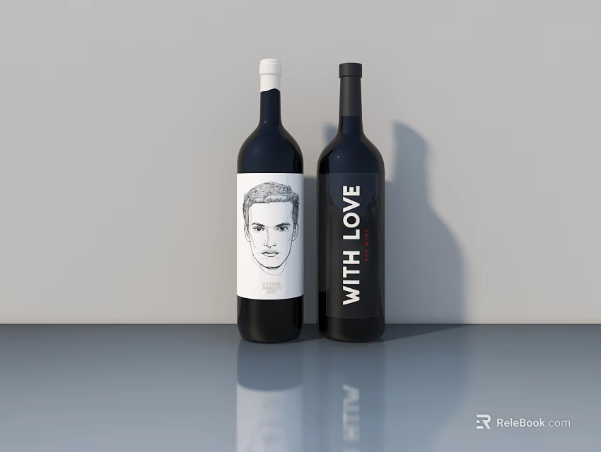 Wine Bottles With Portrait Label And With Love Text On Grey Reflective Surface 3d model 