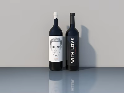 Wine Bottles With Portrait Label And With Love Text On Grey Reflective Surface 3d model
