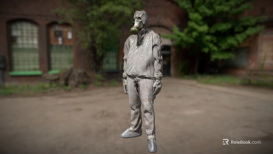 Post Apocalyptic Game Character Wearing Gas Mask And Protective Suit In Abandoned Area With Trees 3d model 