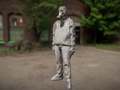 Post Apocalyptic Game Character Wearing Gas Mask And Protective Suit In Abandoned Area With Trees 3d model