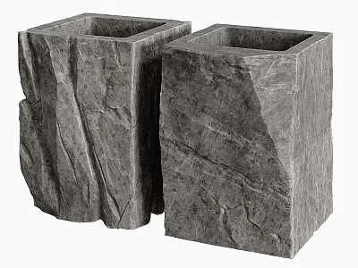 Two Square Natural Stone Washbasins with Textured Surface for Modern Bathroom 3d model