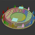 Circular Stadium Equipment Featuring Football Field Blue Stands White Buildings And Green Trees