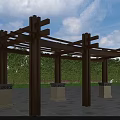 Outdoor Wooden Pergola with Pillars Light Bases Green Trees and Blue Sky