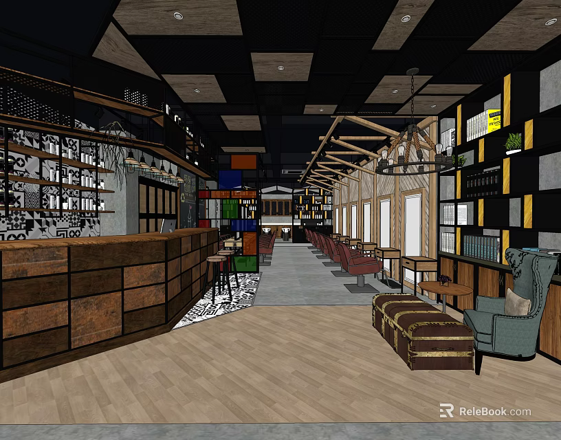 Modern Beauty Hair Salon Interior With Wooden Counter Colorful Decor And Comfortable Seating 3d model 