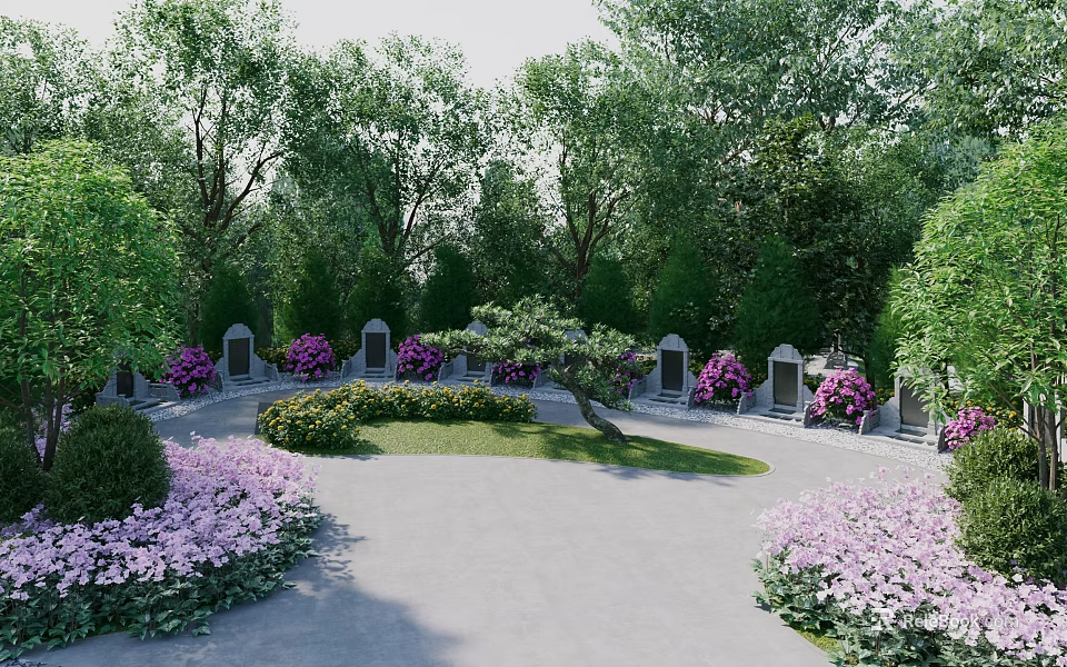 Park Landscape With Lush Trees Green Bushes Purple Flowers Stone Tombstones And Circular Pathway 3d model 
