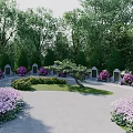 Park Landscape With Lush Trees Green Bushes Purple Flowers Stone Tombstones And Circular Pathway