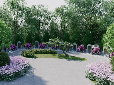 Park Landscape With Lush Trees Green Bushes Purple Flowers Stone Tombstones And Circular Pathway 3d model
