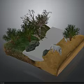 Scenic Model Landscape With Yellow Terrain Green Trees White Path Rocks And White Animals