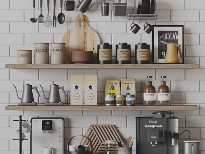Organized Kitchen Shelves Displaying Various Kitchenware With Hanging Utensils Cutting Board And Coffee Machine 3d model