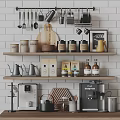 Organized Kitchen Shelves Displaying Various Kitchenware With Hanging Utensils Cutting Board And Coffee Machine