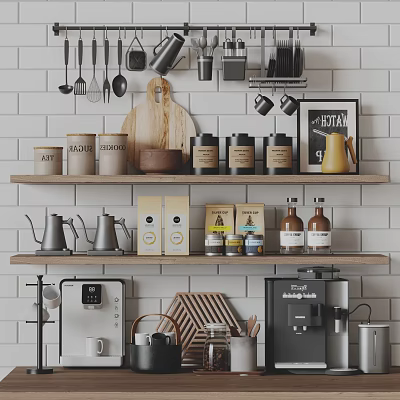 Organized Kitchen Shelves Displaying Various Kitchenware With Hanging Utensils Cutting Board And Coffee Machine 3d model