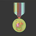Shiny Gold Medal With Red And White Striped Ribbon And Detailed Front Design