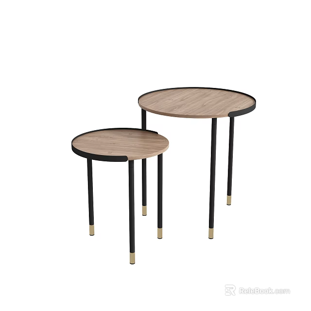 Two Modern Wooden Side Tables With Round Tabletop Black Frame And Golden Base 3d model 