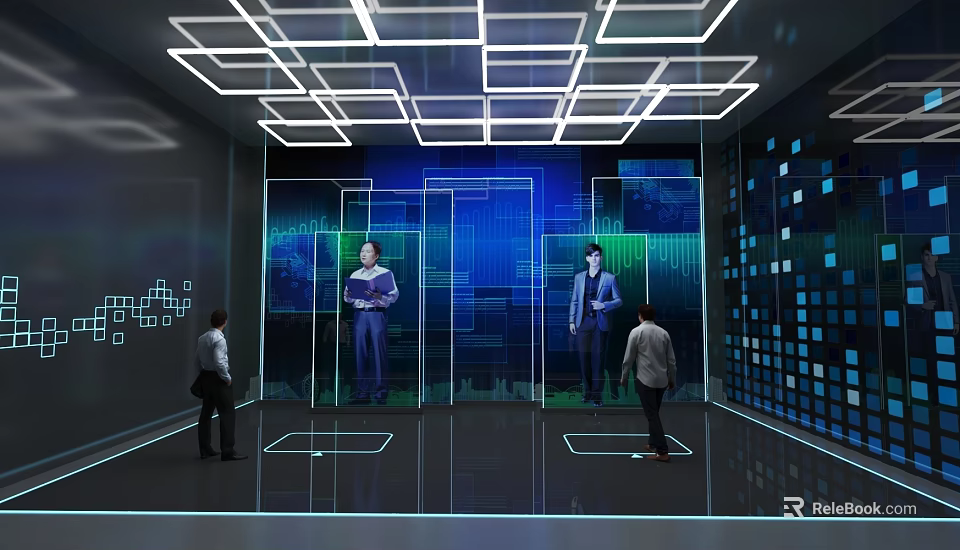 Futuristic Digital Exhibition Space With People Interactive Tech Interfaces And Geometric Ceiling Lights 3d model