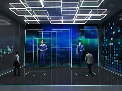 Futuristic Digital Exhibition Space With People Interactive Tech Interfaces And Geometric Ceiling Lights 3d model