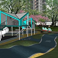 Kids Play Area Featuring Cherry Blossom Trees Green Lawns Colorful Curved Pathways Circular Play Designs