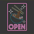 Vibrant Neon Sign Featuring Ramen Bowl Chopsticks Stars And Open Text