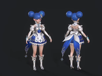 Woman With Blue Double Buns Hairstyle In Silver Blue Outfit With Star Decorations And Boots 3d model