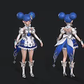 Woman With Blue Double Buns Hairstyle In Silver Blue Outfit With Star Decorations And Boots