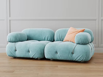 Light Blue Plush Two Seater Sofa with Puffy Armrests and Orange Pillow on Wooden Floor 3d model