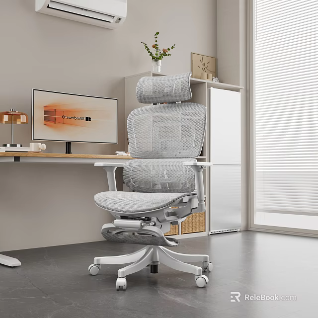 Modern Entertainment Room With Gray Mesh Office Chair Bookshelf Vase Photo Frame And Computer Monitor 3d model 