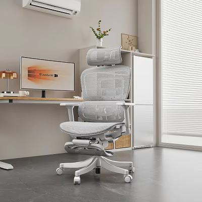 Modern Entertainment Room With Gray Mesh Office Chair Bookshelf Vase Photo Frame And Computer Monitor 3d model