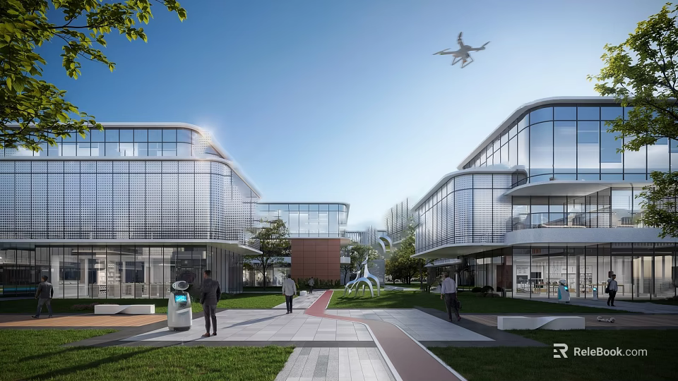 Modern Office Building Exterior With Glass Curtain Walls Landscaped Courtyard People Walking And Drone Flying 3d model 
