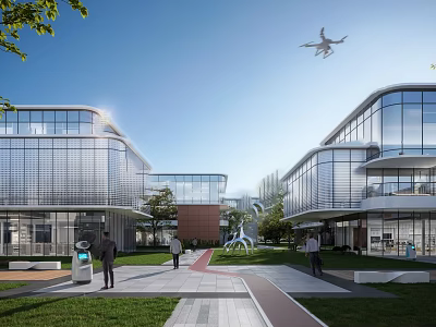Modern Office Building Exterior With Glass Curtain Walls Landscaped Courtyard People Walking And Drone Flying 3d model