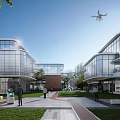 Modern Office Building Exterior With Glass Curtain Walls Landscaped Courtyard People Walking And Drone Flying