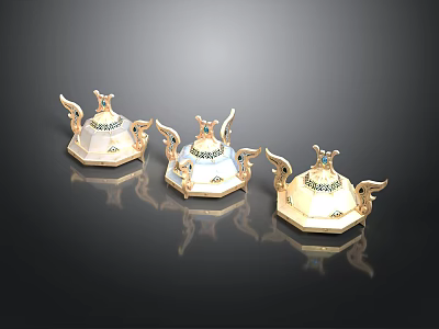 Three Ornate Winged Containers With Gold Accents And Gemstone Decorations 3d model