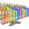 Rainbow Colored Pergola With Wooden Frame And Benches In Park Setting