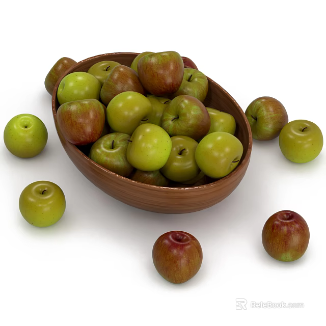 Fresh Green and Red Apples in Wooden Bowl with Scattered Fruits Around 3d model 