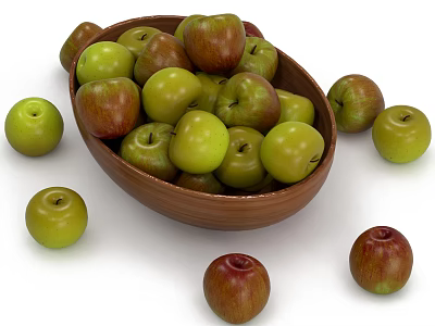 Fresh Green and Red Apples in Wooden Bowl with Scattered Fruits Around 3d model