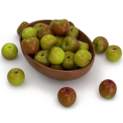 Fresh Green and Red Apples in Wooden Bowl with Scattered Fruits Around 3d model Fresh Green and Red Apples in Wooden Bowl with Scattered Fruits Around 3d model